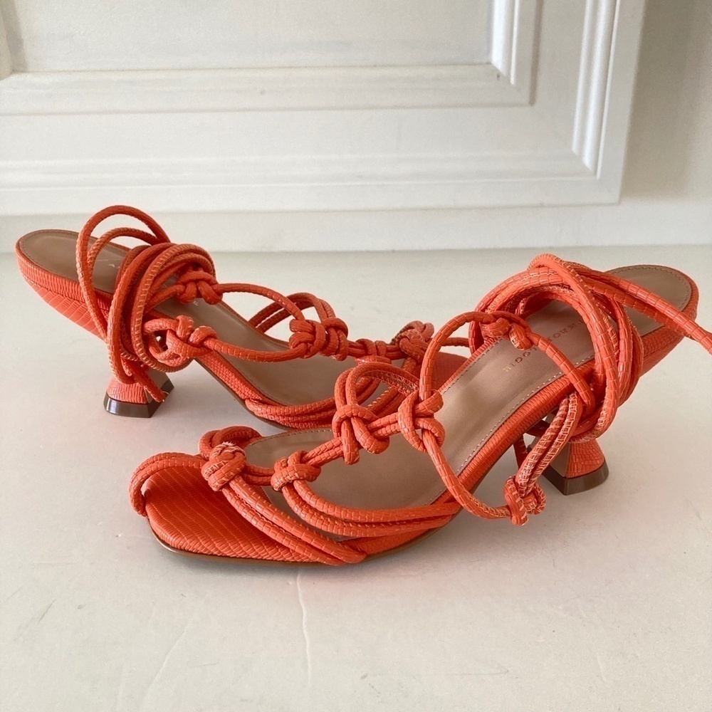NWOT Anthropologie Strappy Orange Animal Print Leather Heeled Sandals